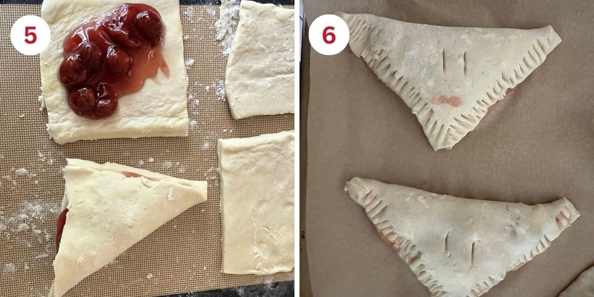 Cut pastry dough on the parchment paper some filled with pie filling.