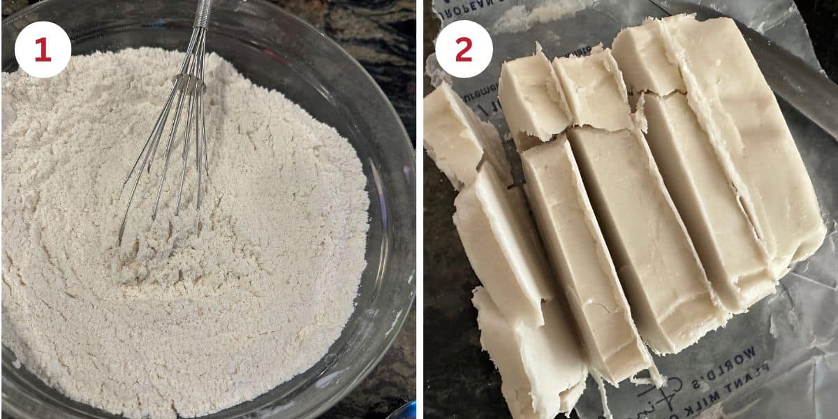 Photos of the flour mixture and the frozen chopped dairy-free butter.