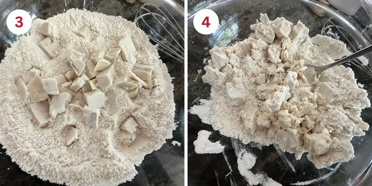 Photos of the cold butter chunks in the flour mix and after cold water is added.