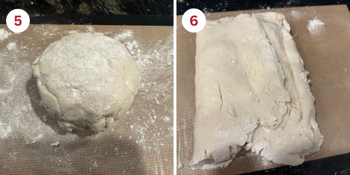 The dough ball on a silicone mat and the dough after the first roll.