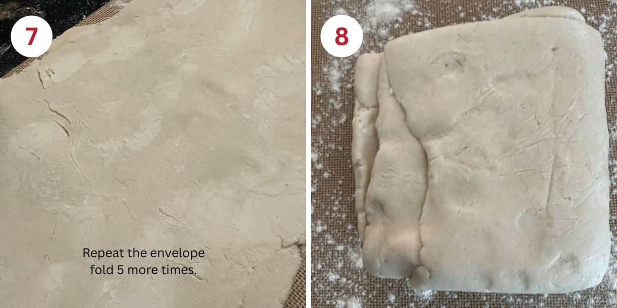 Photos of the dough rolled out and folded.