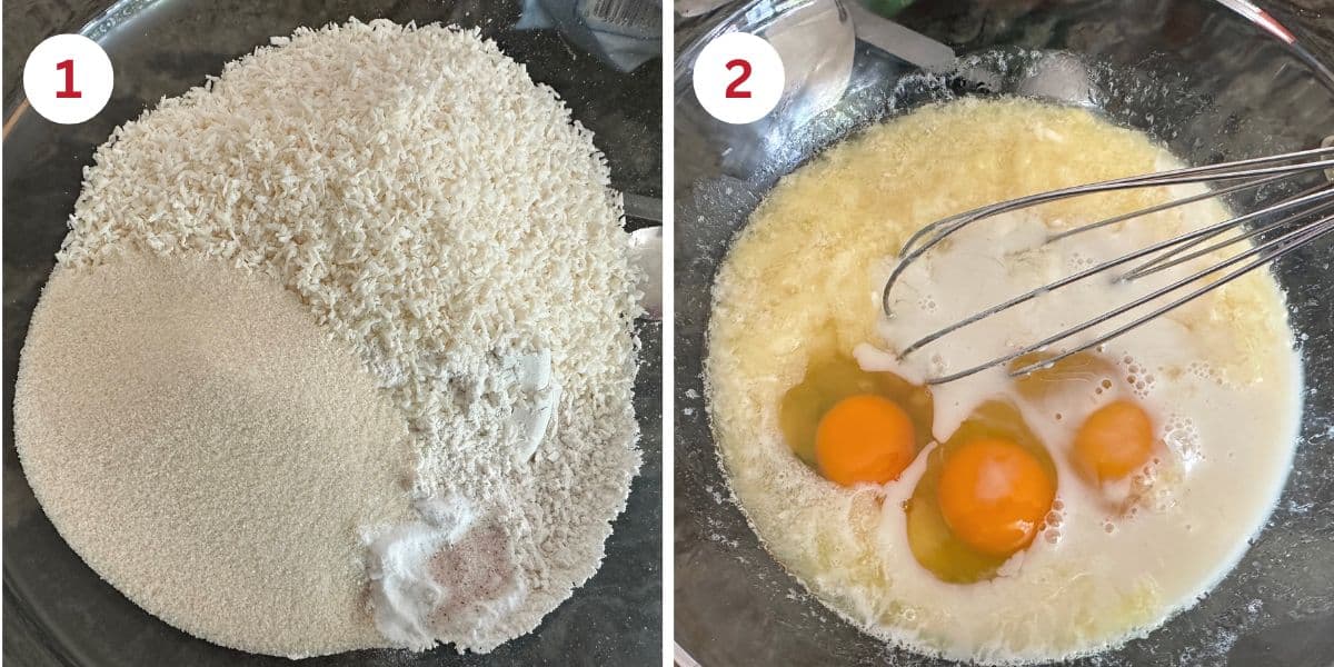Photos of the dry ingredients in one mixing bowl and the wet ingredients in another bowl.