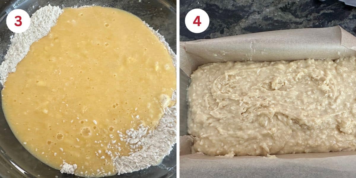 Photos of the wet and dry ingredients mixed, and the batter in the loaf pan.
