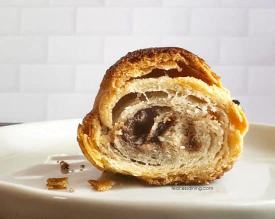 The inside of a pastry so you can see all of the spirals of flaky layers.