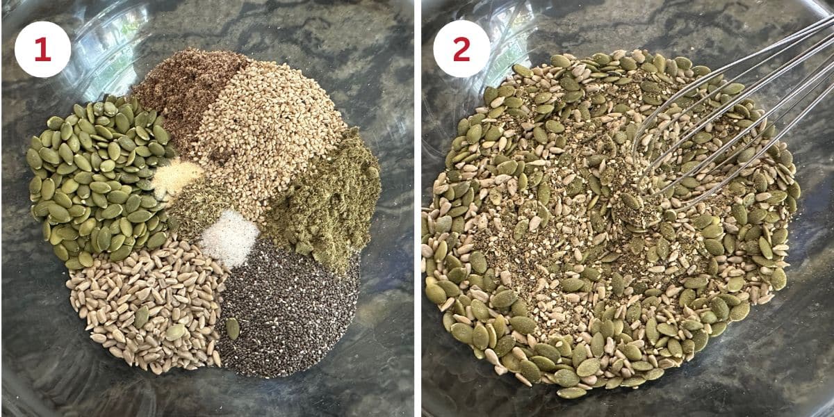 Photos showing all of the ingredients in a large mixing bowl.