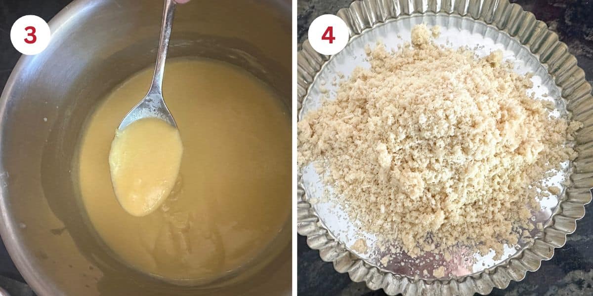 Photos showing the custard thickness and making the tart crust.