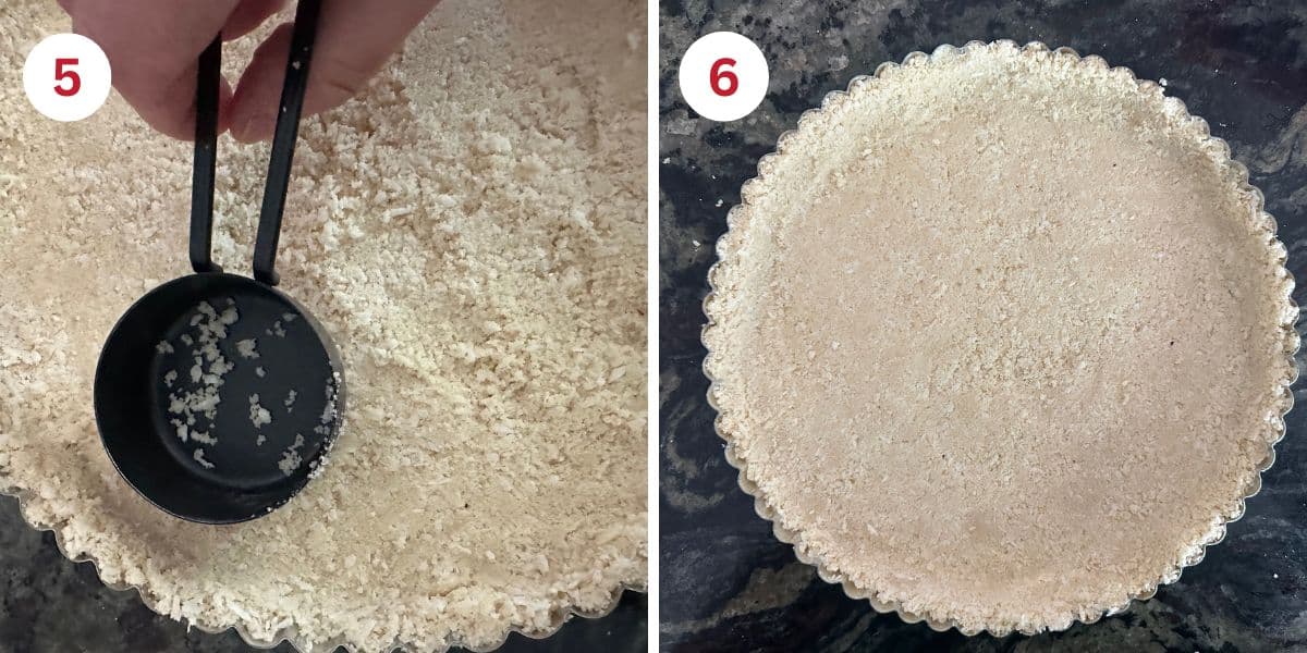 Photos showing how to press down the crust evenly in the tart pan.