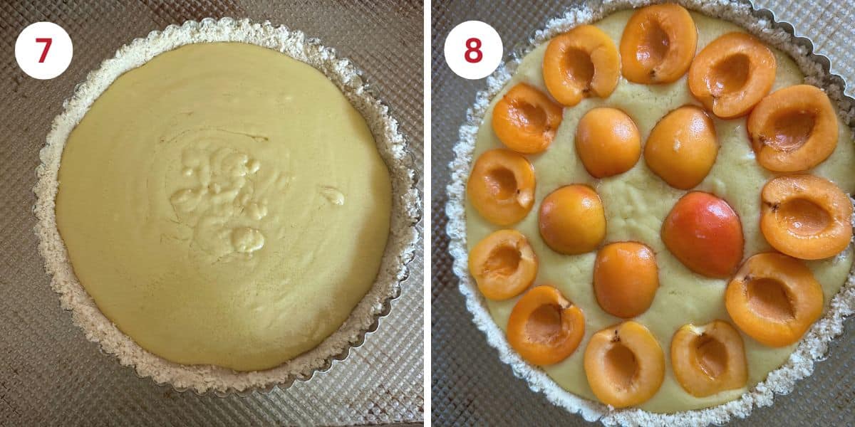 Photos of the custard in the tart pan and the apricot halves on top.