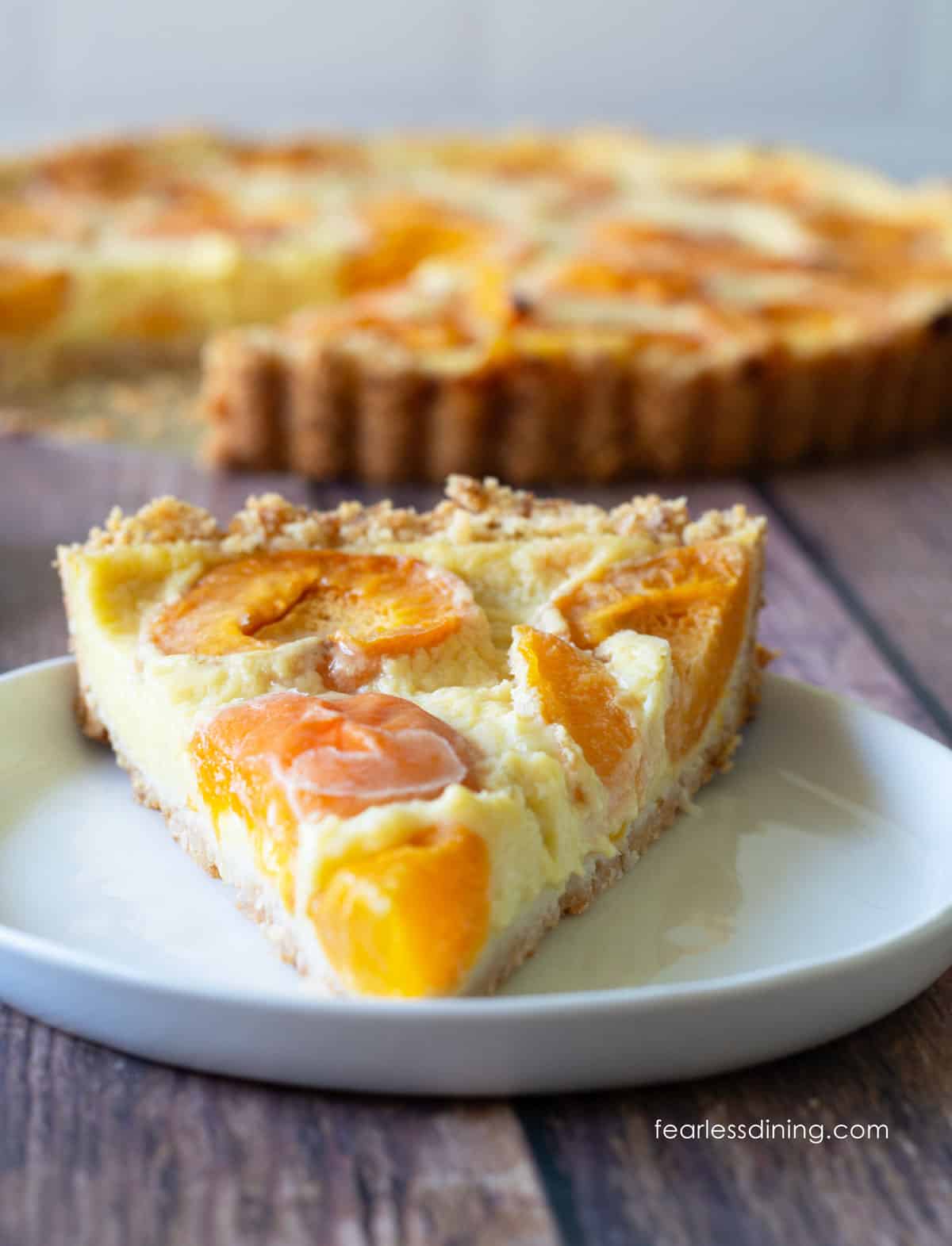 The front view of a slice of gluten-free apricot tart on a small white plate.