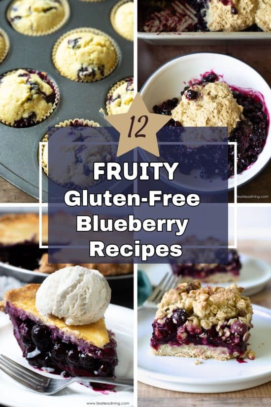 Four photos of baked gluten-free blueberry recipes.