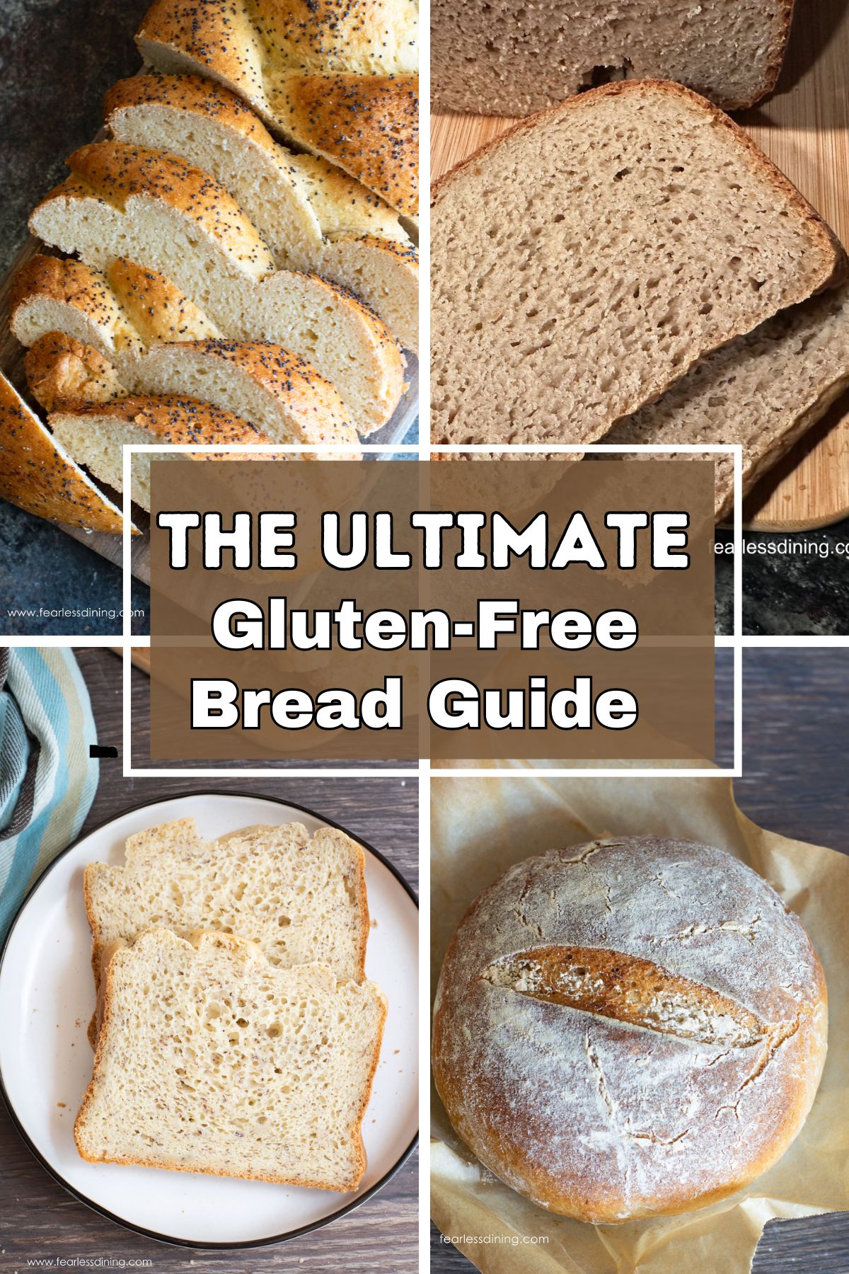 Four photos of different types of gluten-free bread featured in this post.