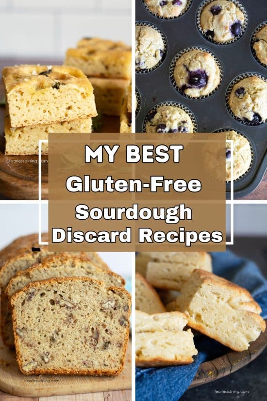A collage of four gluten-free sourdough discard baked goods.