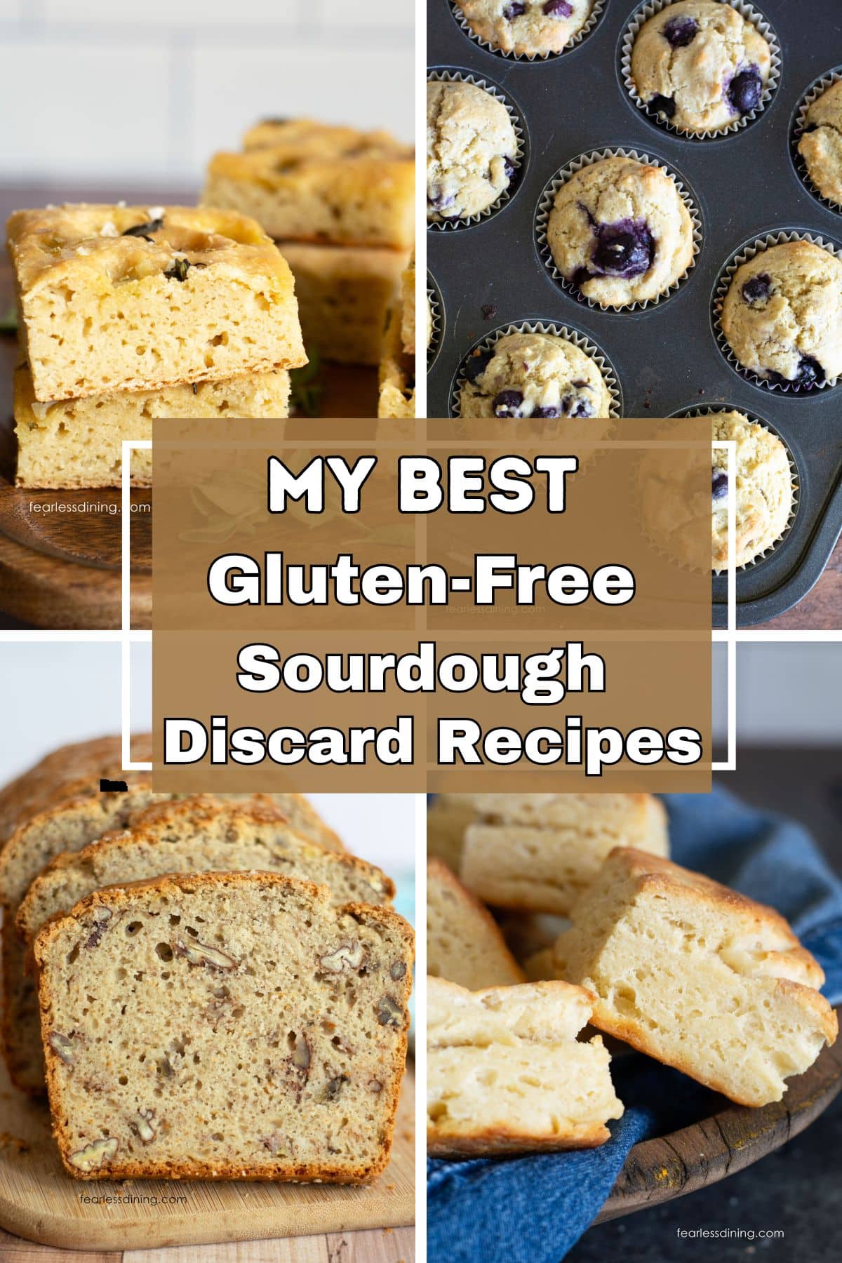 A collage of four gluten-free sourdough discard baked goods.