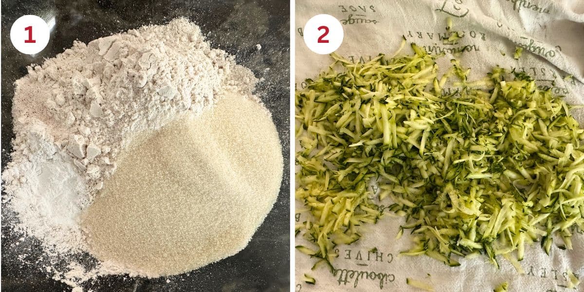 Photos showing mixing the dry ingredients and drying the shredded zucchini.