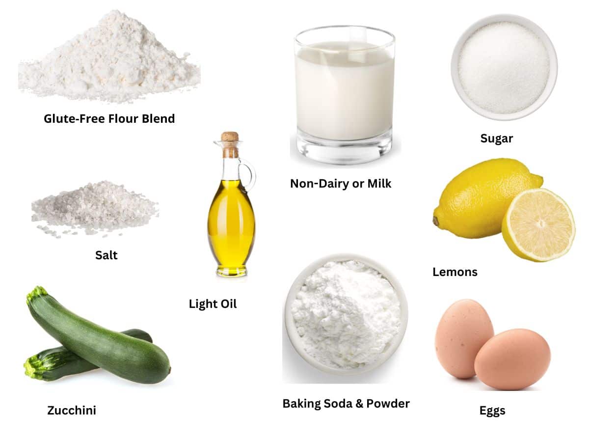Photos of the ingredients used to make the gluten-free lemon zucchini loaf.