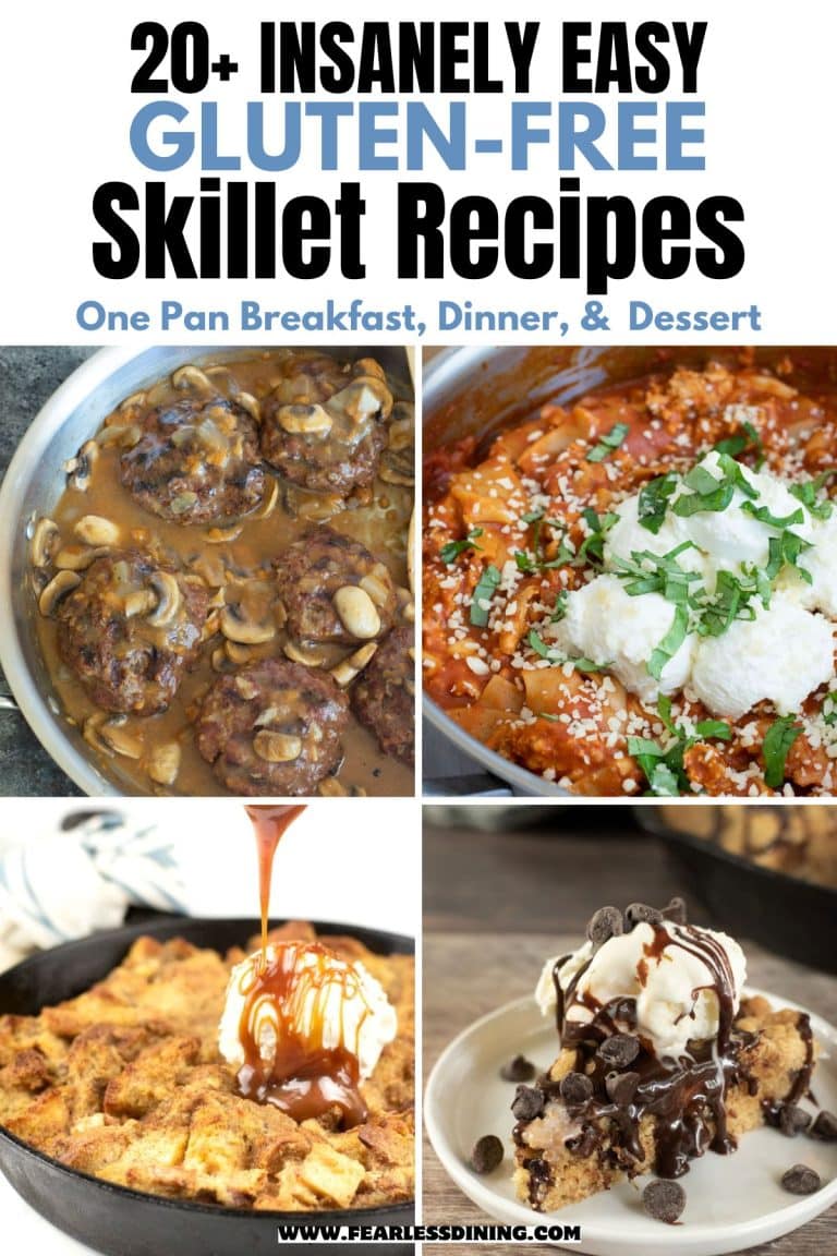 A photo collage of four gluten-free skillet recipes.