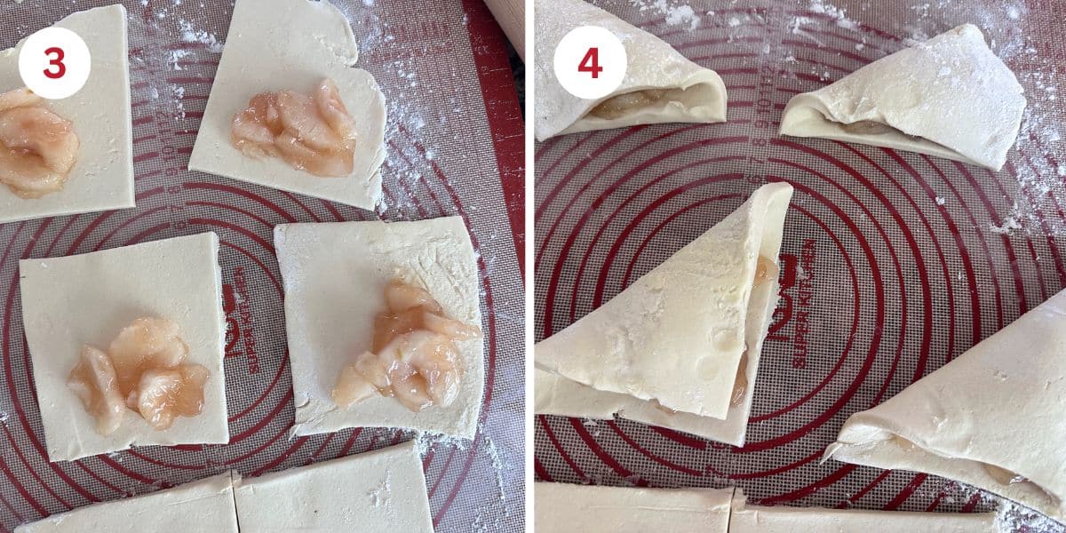 Photos showing adding the apples to the dough squares and folding over the dough over the fruit filling.