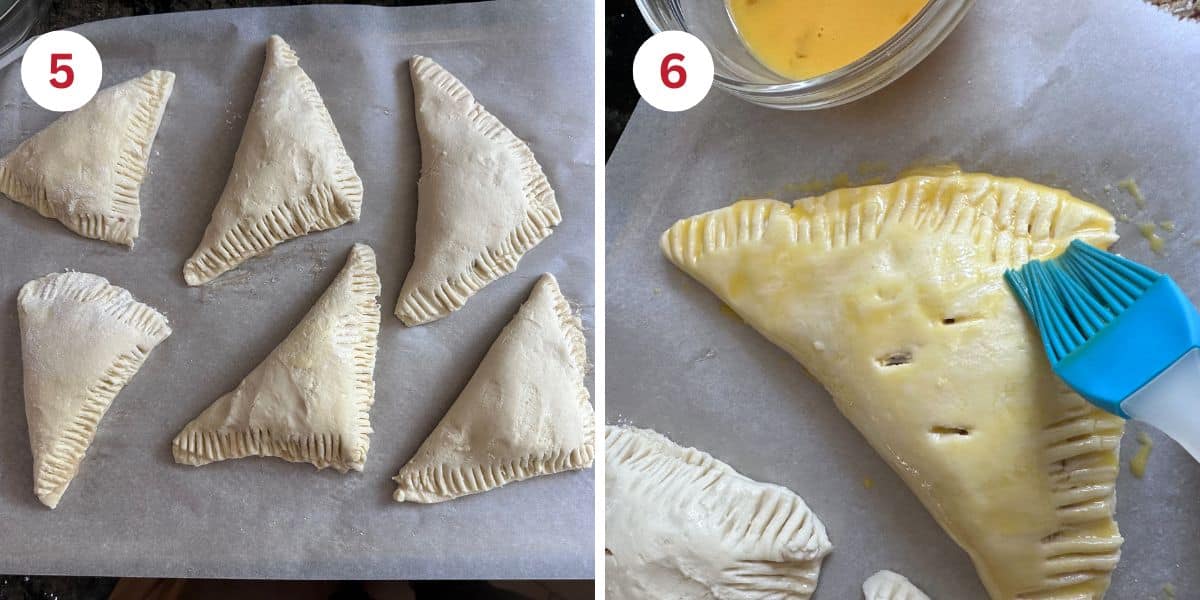 Photos of the folded, sealed turnovers and brushing them with egg wash.