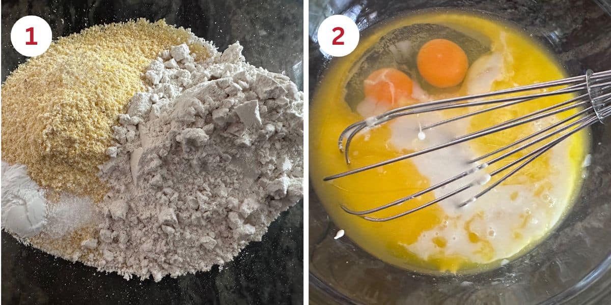 Photos of the wet and dry ingredients in separate mixing bowls.