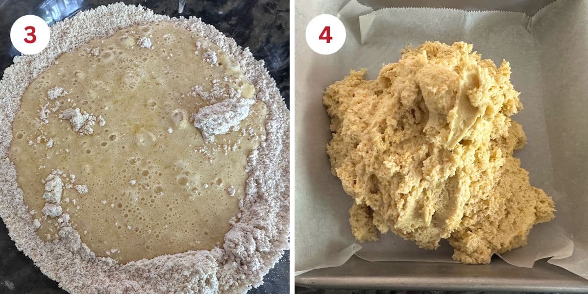 Photos mixing the wet and dry ingredients and of the cornbread batter in an 8x8 pan.