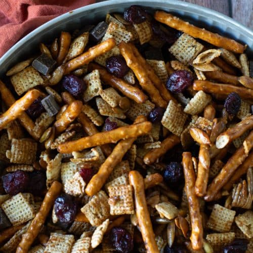 A close up of the gluten free party mix in a serving dish.