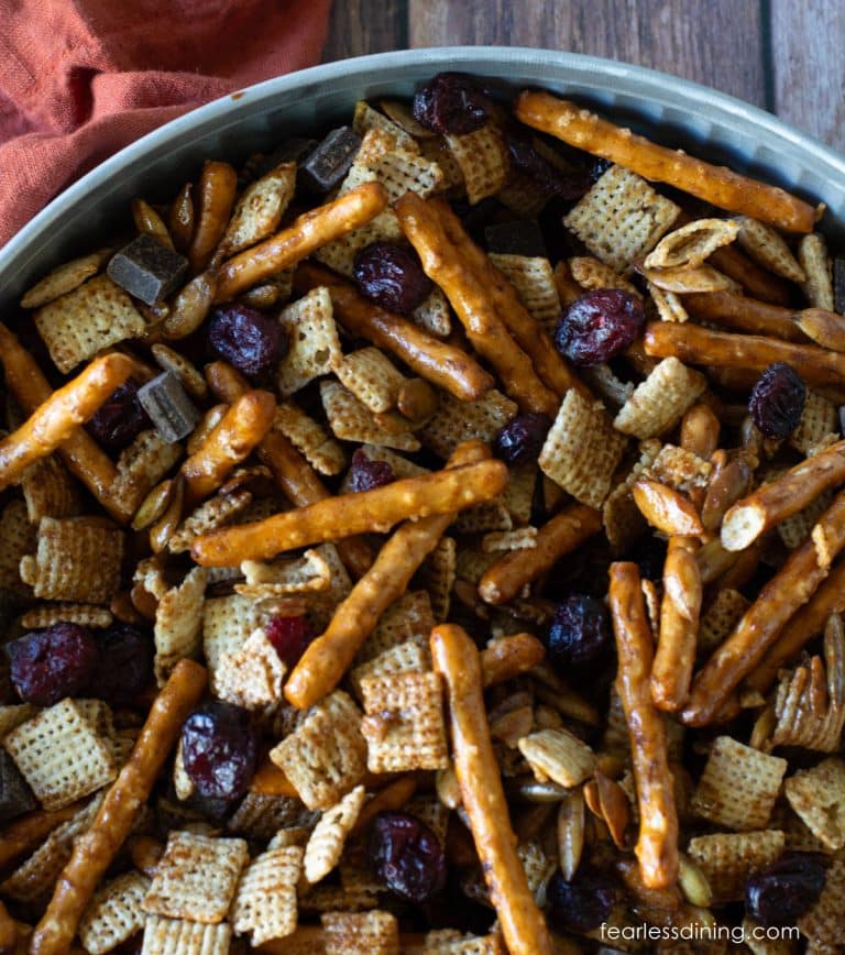 A close up of the gluten free party mix in a serving dish.
