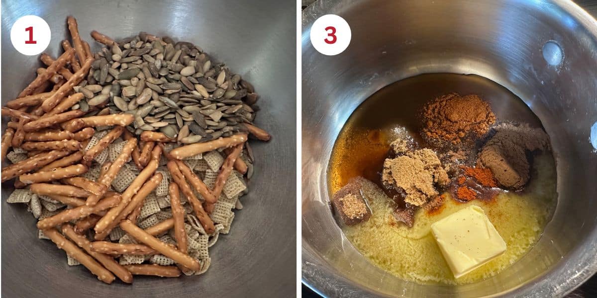 The dry ingredients in a large mixing bowl and the wet ingredients in a sauce pan.