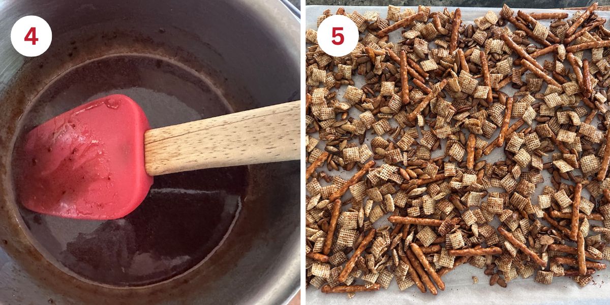 Photos of the cooked sauce and the snack mix spread on a baking sheet.