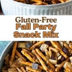 A Pinterest pin image of the fall snackmix in a serving dish.