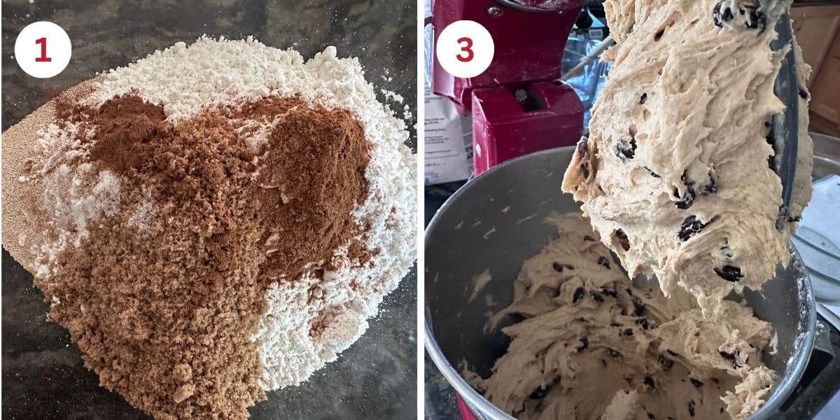 Photos showing mixing the dry ingredients and the dough in the stand mixer.