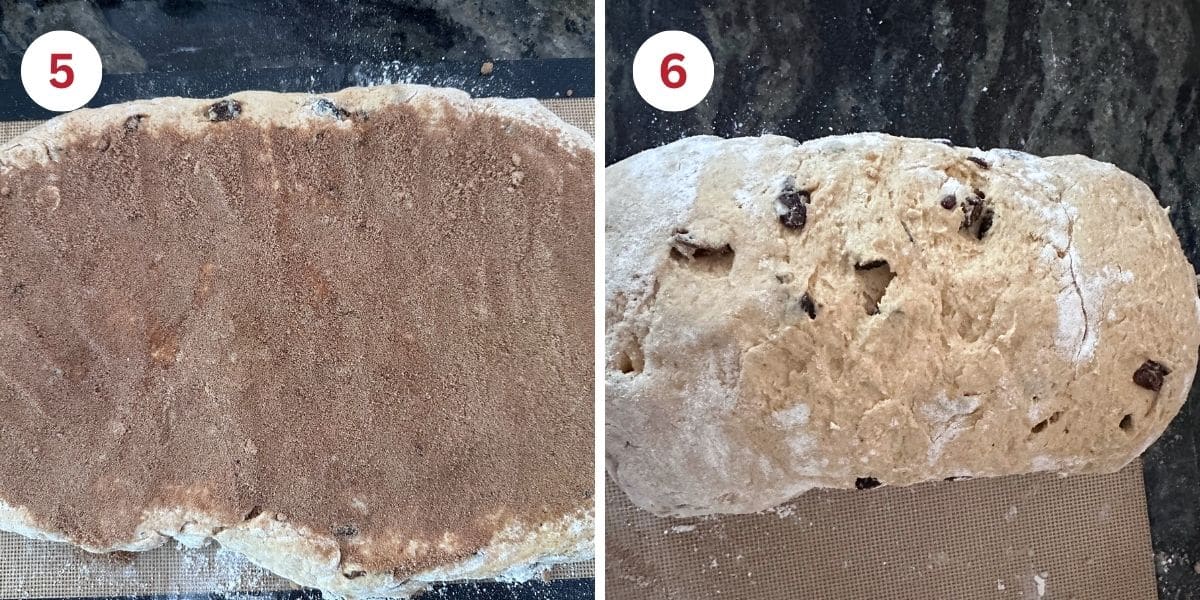 Photos of the brown sugar on the dough and rolling the dough.