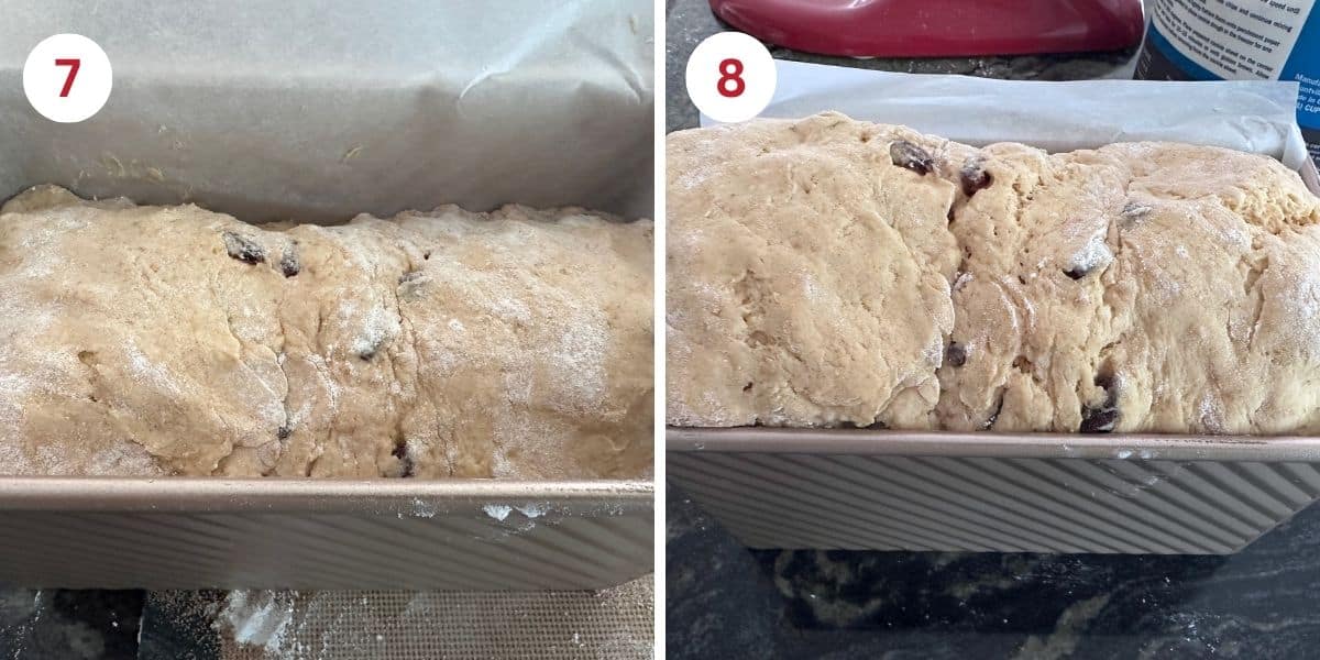 The pumpkin bread dough in the Pullman loaf pan before and after the rise.