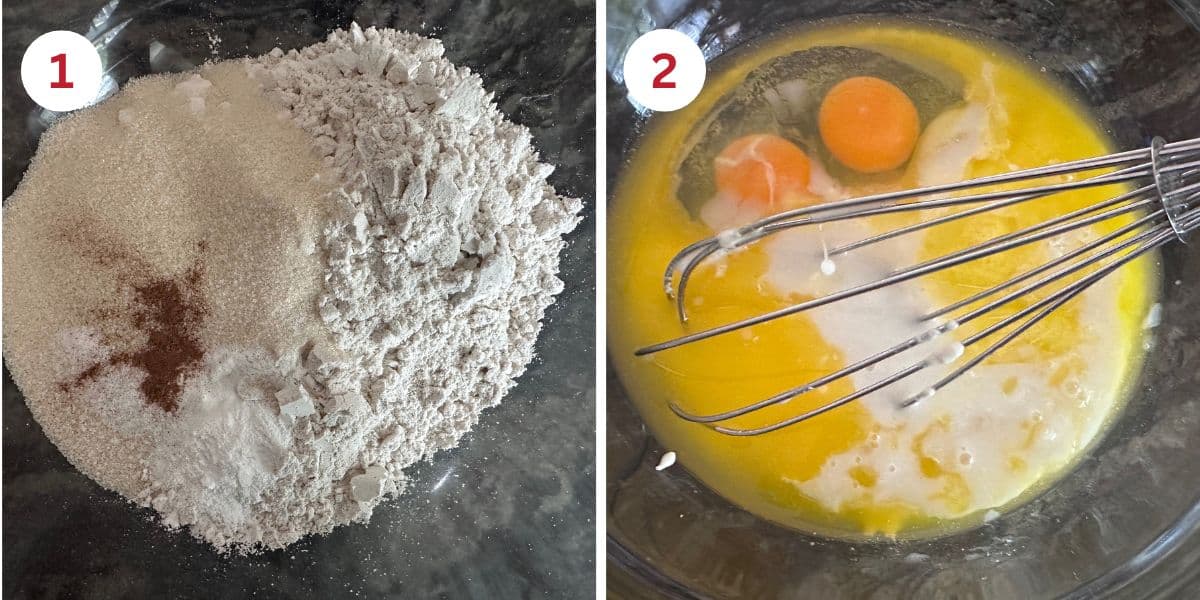 Photos of the dry ingredients and wet ingredients in separate bowls.