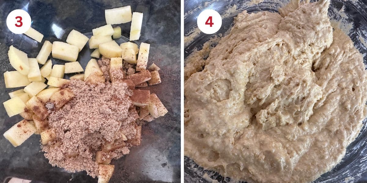 Photos of the chopped apples and the bread batter.
