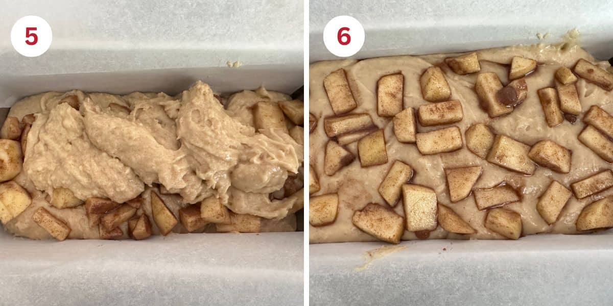 Photos of the batter and apples in the loaf pan.
