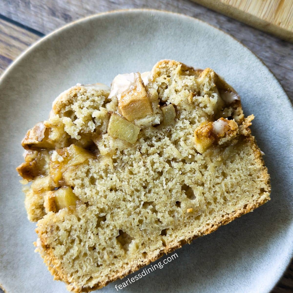 A close up of a slice of the gluten-free apple fritter bread.