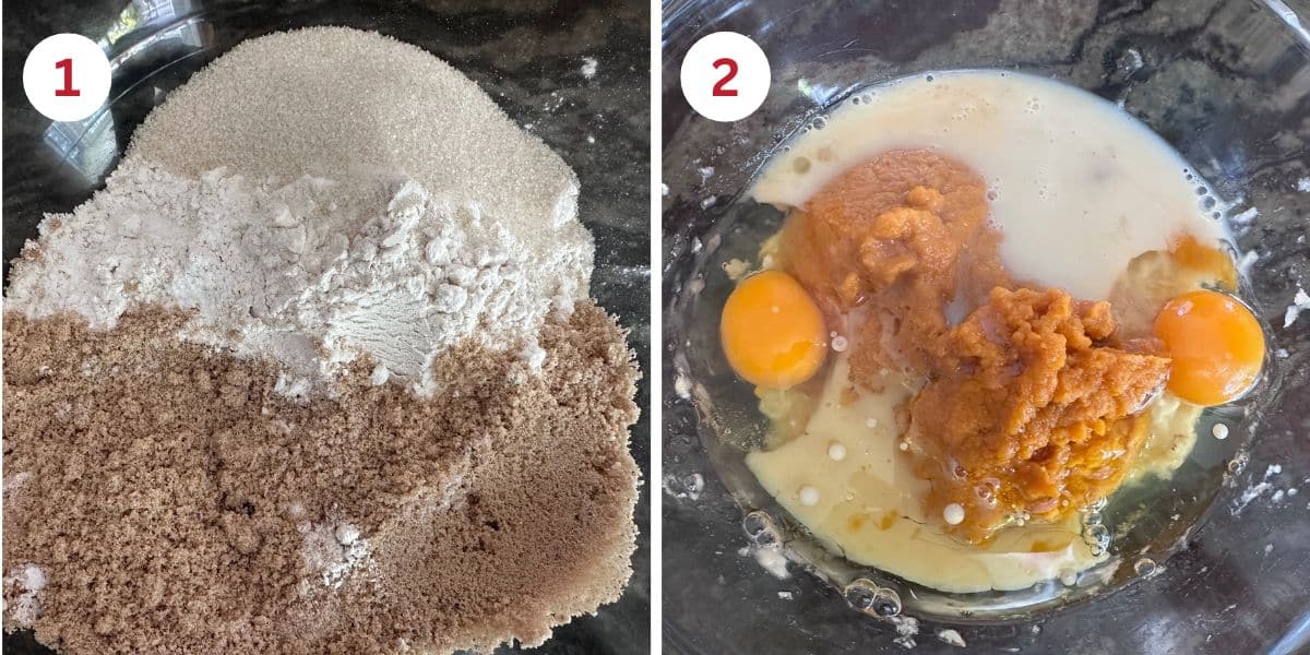 Photos of the wet and dry ingredients to make this pumpkin banana bread recipe.