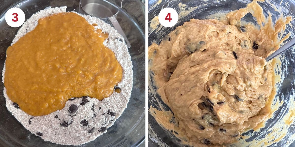 Photos showing the wet and dry ingredients about to be mixed and the quick bread batter.