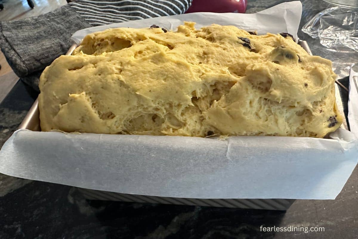 The unswirled raisin pumpkin bread after the rise.