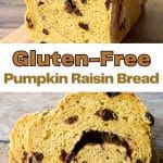 A Pinterest image of the gluten-free pumpkin raisin bread cut open.