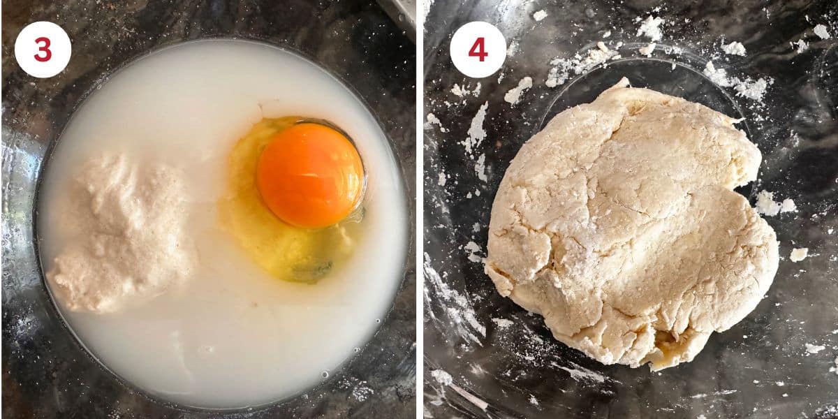 Photos of the wet ingredients in a mixing bowl and the pie crust dough.