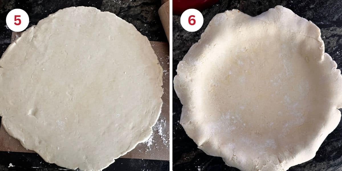 Photos of the rolled out pie dough on a silicone mat and in the pie pan.