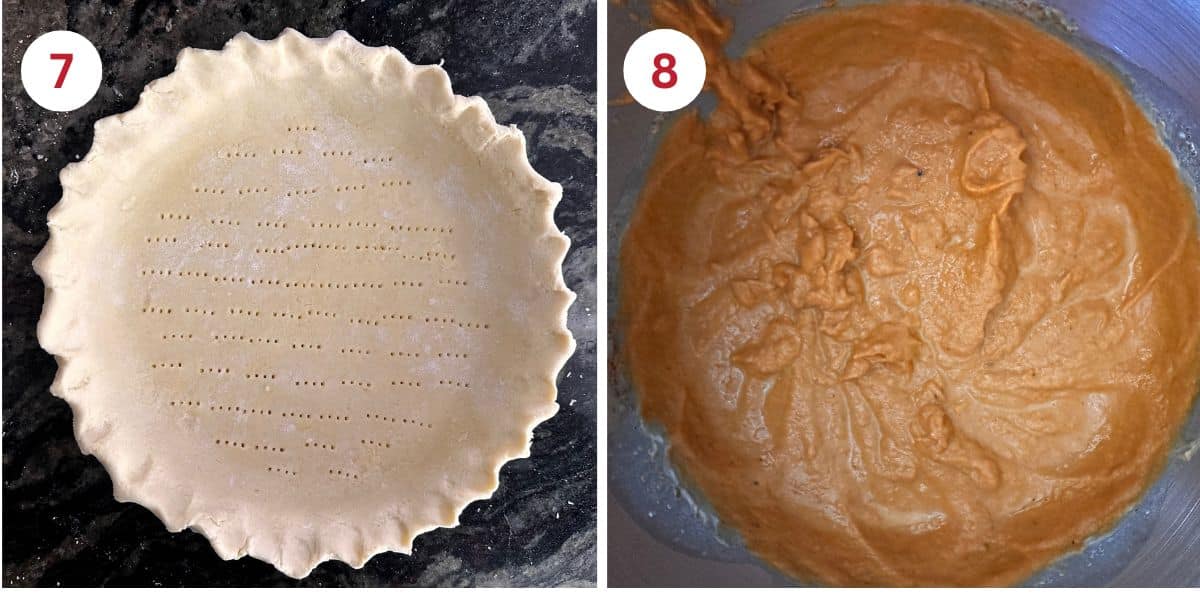 Photos of the shaped pie crust and the pumpkin filling.