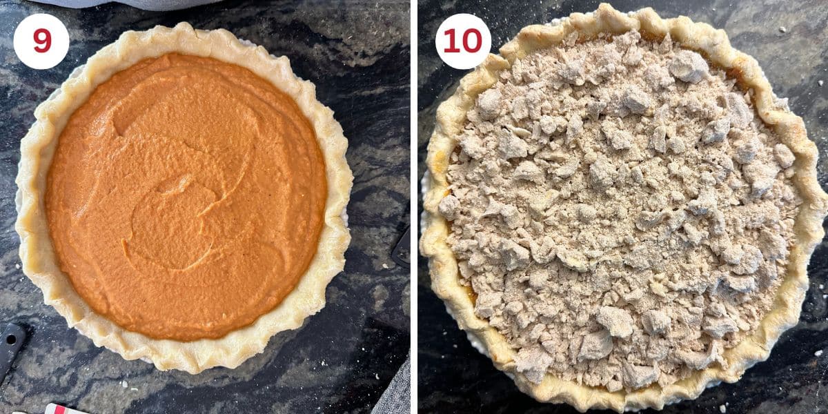 Photos of the pumpkin filling in the crust and the streusel coating on top.