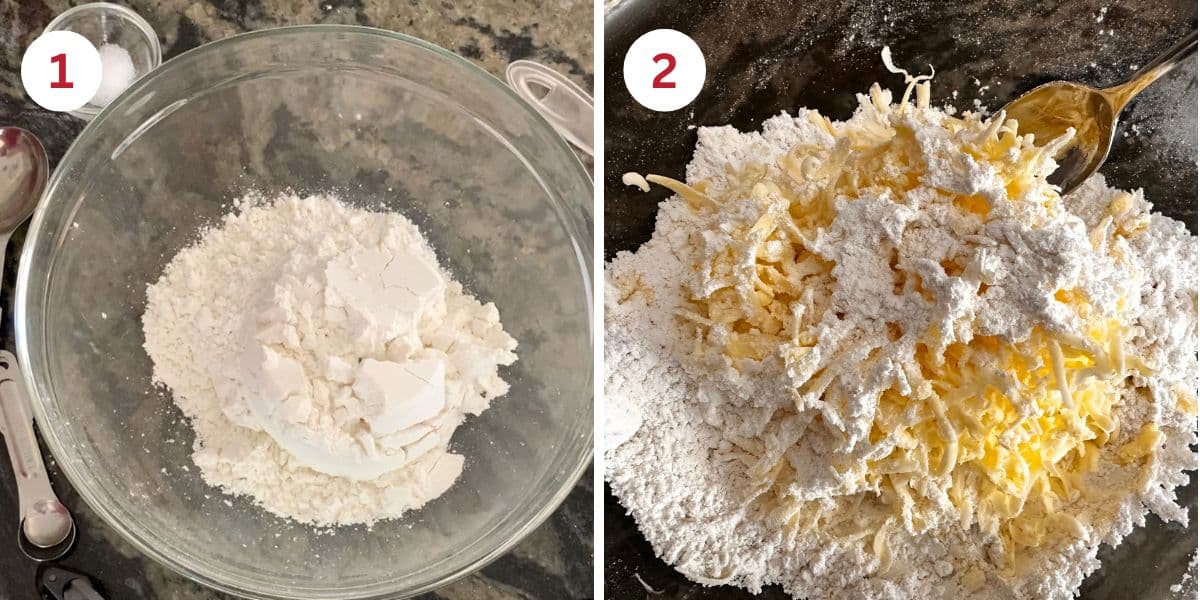 Photos of the dry ingredients and the butter shreds added to the dry ingredients.