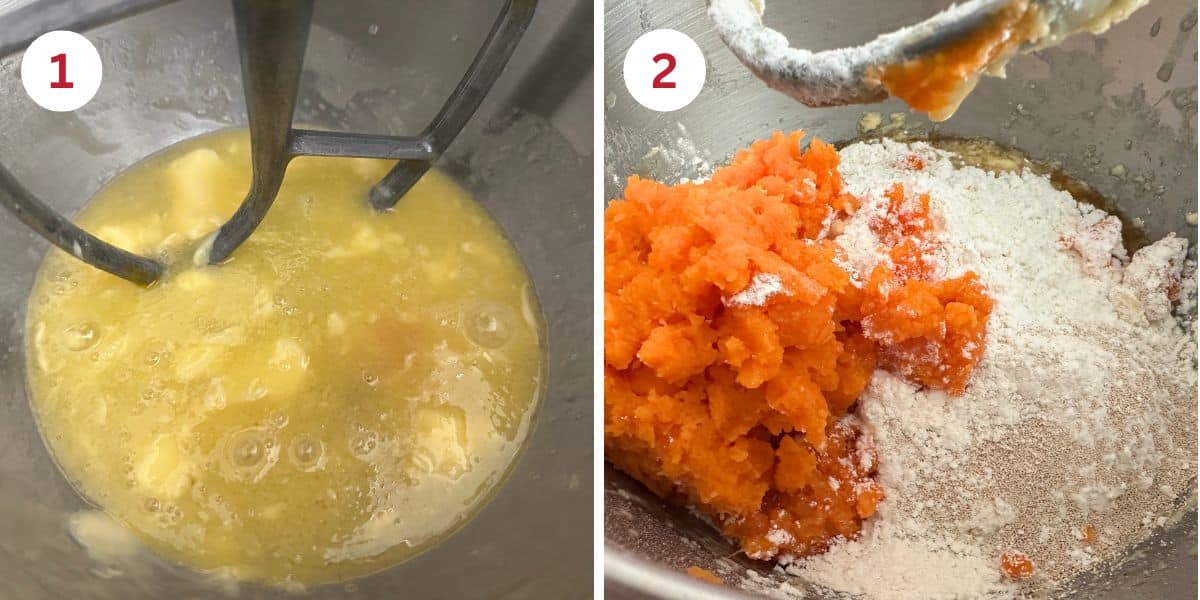 Photos showing adding the wet and dry ingredients to the stand mixer.