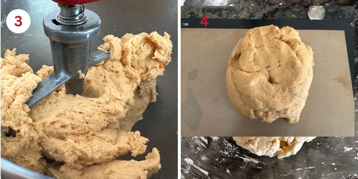 Photos showing the dough in the stand mixer and on the silicone mat.