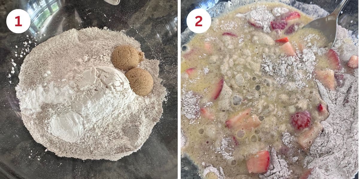 Photos of the dry ingredients and combining the wet and dry ingredients in mixing bowls.