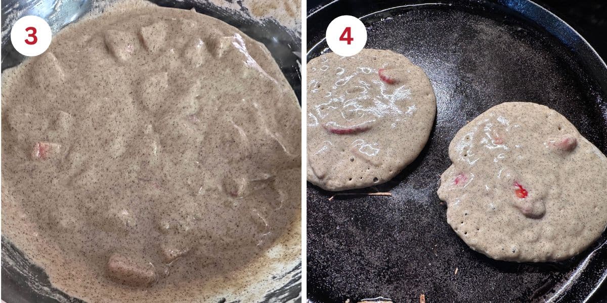 Photos of the pancake batter in the bowl and frying on a skillet.