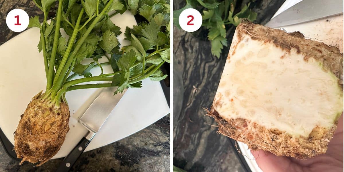 Photos of the celery root and slicing the thick brown skin off the celery root.